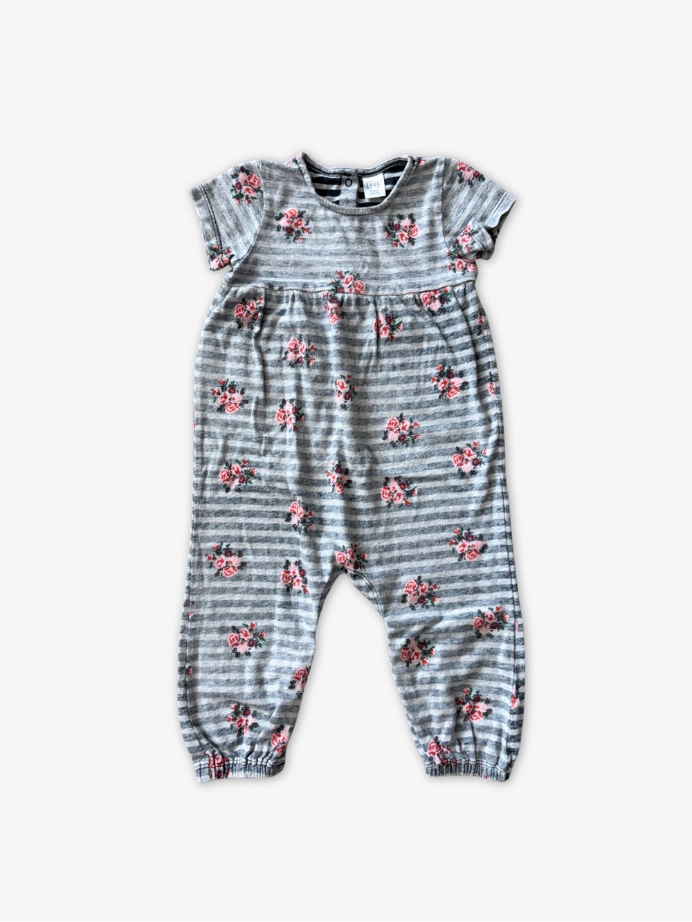 Nordstrom Baby Gray Striped Floral Rosebud Romper Jumpsuit Cotton Cottagecore 9M